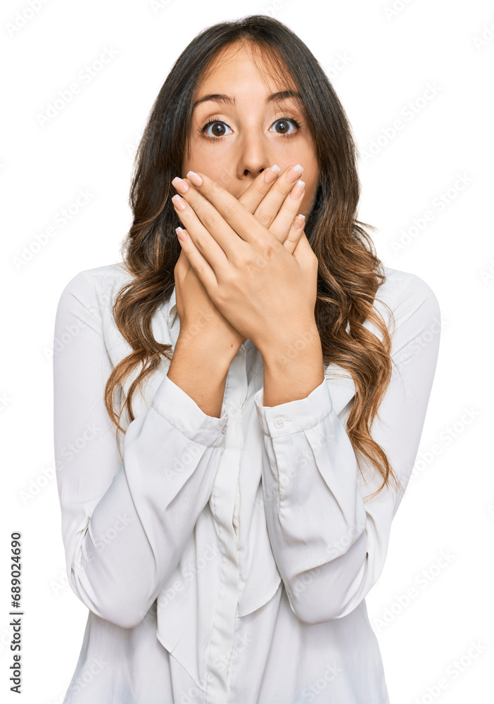 Young brunette woman wearing casual clothes shocked covering mouth with hands for mistake. secret concept. Young brunette woman wearing casual clothes shocked covering mouth with hands for mistake. secret concept.