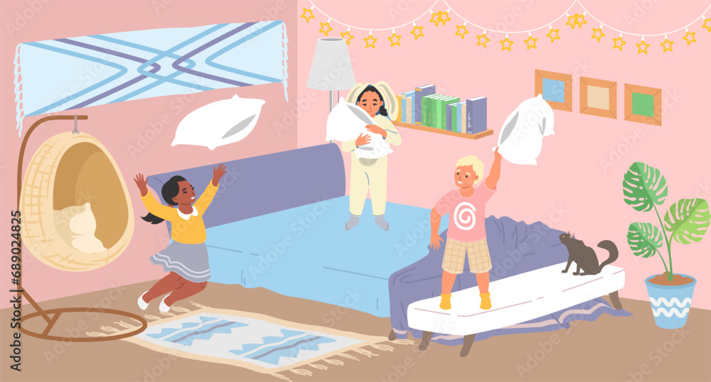 Obraz premium Happy overjoyed children characters having pillow fight