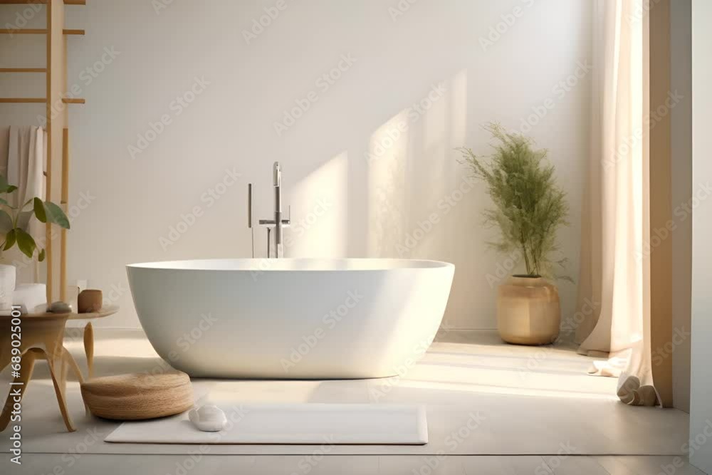 Contemporary bathroom design, high-end designer bathroom with freestanding tub, natural light and white marble Contemporary bathroom design, high-end designer bathroom with freestanding tub, natural light and white marble