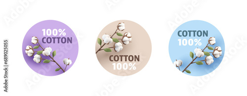 100 cotton emblem package icon set with 3d render illustration of cotton branch with fluffy flowers