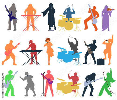 Punk or rock band people silhouette playing different musical instrument