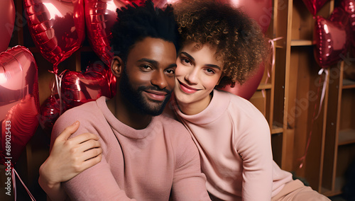Multiracial couple celebrates valentine's day with a special decoration of hearts. Concept of sexual diversity and equality