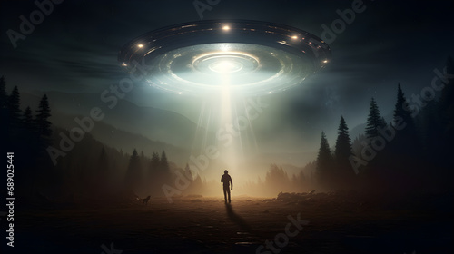 Alien stand under the spotlight of a flying saucer