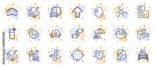 Outline set of Vitamin e, Chemical hazard and Salad line icons for web app. Include Eu close borders, Fast food, Bacteria pictogram icons. Insomnia, Click hands, Charging parking signs. Vector