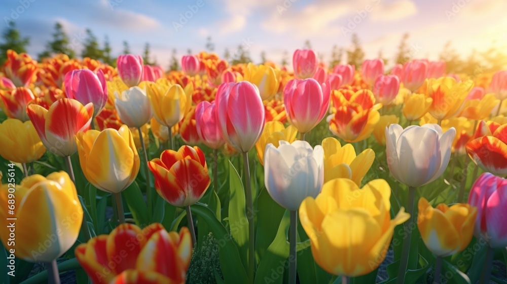 A field of vibrant tulips in full bloom, stretching as far as the eye can see, bathed in the golden light of a spring afternoon.