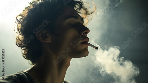 Close up young man is smoking a cigarette