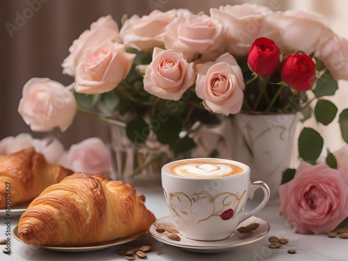 cup of coffee with roses and croissants