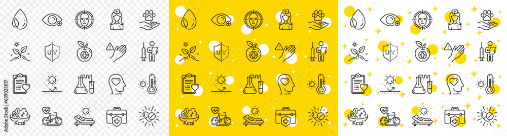 Fototapeta premium Outline Face detect, Chemistry lab and Hospital nurse line icons pack for web with Dont touch, Vaccination announcement, Cardio bike line icon. Medical food, Leaf dew, Pets care pictogram icon. Vector