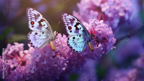 A pair of delicate butterflies alighting on a cluster of lilac blossoms, their wings a tapestry of springtime colors. © rojar deved