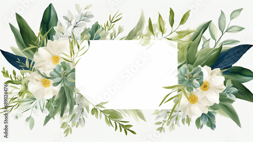 watercolor floral summer green plant illustration flower invitation frame leaves design nature  #689026476