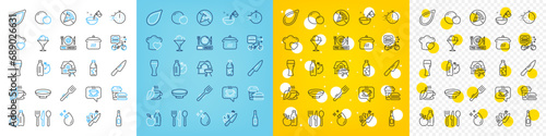 Vector icons set of Beer glass, Pre-order food and Food line icons pack for web with Love cooking, Water drop, Beer outline icon. Mint tea, Water bottle, Knife pictogram. Home grill, ForkPeas. Vector