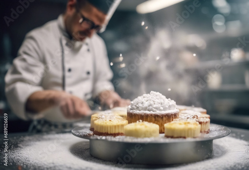 Dettagli Gustosi- Chef alle Prese con la Decorazione di Dolci Spruzzati di Zucchero a Velo photo