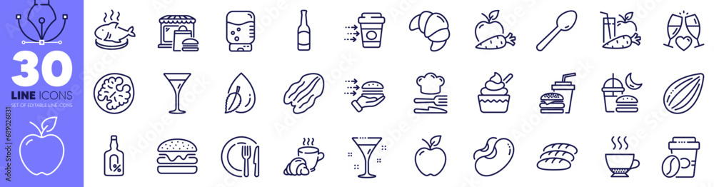 Ice cream, Water drop and Takeaway coffee line icons pack. Spoon, Cocktail, Hamburger web icon. Food delivery, Coffee break, Espresso pictogram. Burger, Pecan nut, Wedding glasses. Vector Ice cream, Water drop and Takeaway coffee line icons pack. Spoon, Cocktail, Hamburger web icon. Food delivery, Coffee break, Espresso pictogram. Burger, Pecan nut, Wedding glasses. Vector