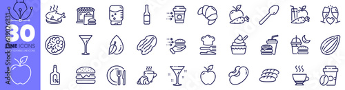 Ice cream, Water drop and Takeaway coffee line icons pack. Spoon, Cocktail, Hamburger web icon. Food delivery, Coffee break, Espresso pictogram. Burger, Pecan nut, Wedding glasses. Vector