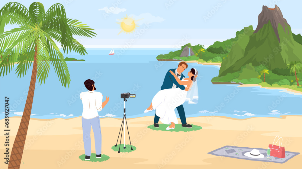 Wedding photograph taking photo of just married couple on tropical beach