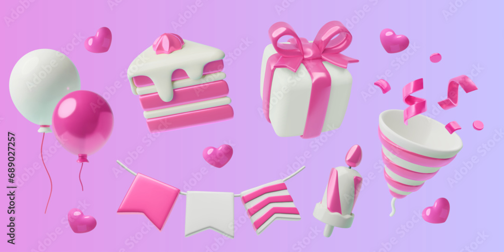 Girl's birthday 3D pink party decorations set. Toy plastic three dimensional holiday icons for Valentine's day or baby shower. Balloons, gift box, cake piece, garland, party popper, confetti, hearts.