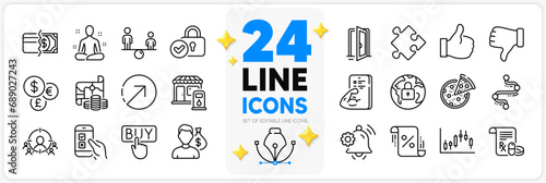 Icons set of Direction, Equity and Lock line icons pack for app with Loan percent, Open door, Dislike hand thin outline icon. Candlestick graph, Notification bell, Money currency pictogram. Vector