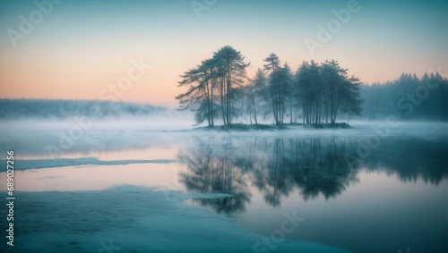 A lake with a small island on which trees grow © Andrey