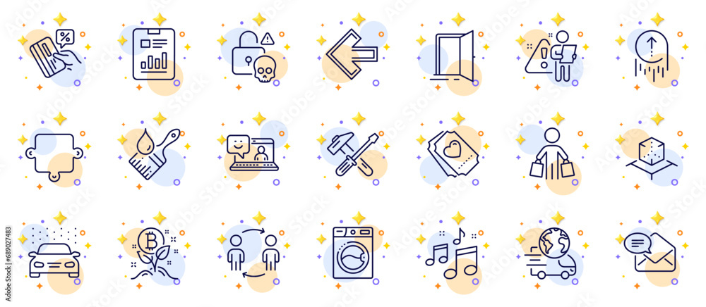 Outline set of New mail, Open door and Puzzle line icons for web app. Include Brush, Car wash, Buyer pictogram icons. Left arrow, Report document, Washing machine signs. Smile, Music. Vector Outline set of New mail, Open door and Puzzle line icons for web app. Include Brush, Car wash, Buyer pictogram icons. Left arrow, Report document, Washing machine signs. Smile, Music. Vector