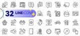 Outline set of Time, Radiator and Megaphone line icons for web with Bicycle, Like, Payment card thin icon. Fake review, Inspect, Socks pictogram icon. File management, Direction. Vector