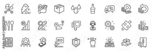 Icons pack as Shipping support, Scotch bottle and Smartphone protection line icons for app include Tax calculator, Fraud, Puzzle outline thin icon web set. Typewriter, Food. Vector