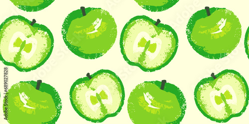 Seamless pattern with abstract, stylized apple and apple slices. Summer bright green fruits background. Vector hand drawn apples textures print.