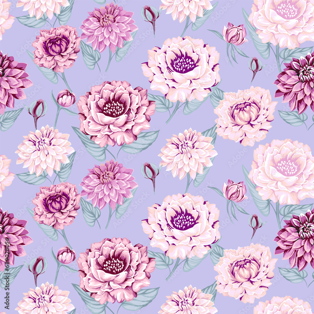 Seamless vector hand drawn pattern of flowers peonies, dahlias with leaves. Artistic, feminine, pastel floral on a blue background print. Design for textile, fashion, fabric, wallpaper Seamless vector hand drawn pattern of flowers peonies, dahlias with leaves. Artistic, feminine, pastel floral on a blue background print. Design for textile, fashion, fabric, wallpaper