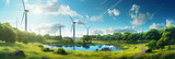 Sustainable Future Concept with Solar Panels and Wind Turbines in a Lush Green Landscape