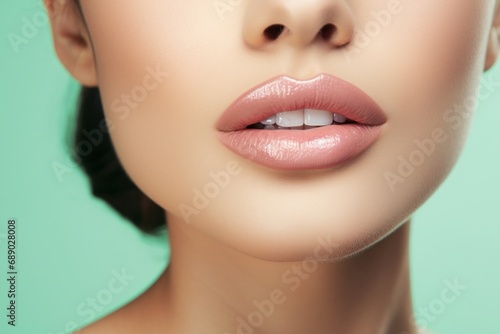 Young woman with beautiful sensual lips on light green background