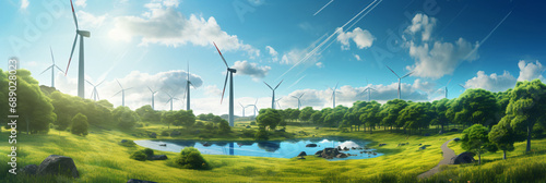 Sustainable Future Concept with Solar Panels and Wind Turbines in a Lush Green Landscape photo