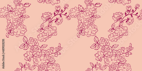 Seamless abstract, artistic, simple, flowers branches pattern. Vector hand drawn sketch lines, outlines floral. Template for textile, fashion, print, surface design, fabric, wallpaper