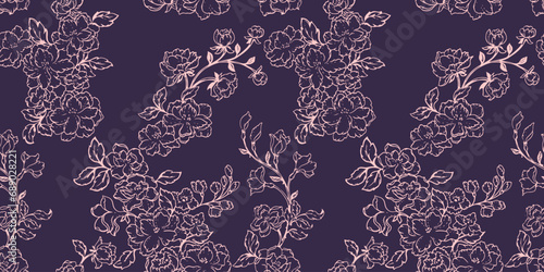 Seamless abstract, artistic, simple, flowers pattern. Vector hand drawn sketch lines, outlines flowers. Template for textile, fashion, print, surface design, fabric, indoor decor, wallpaper