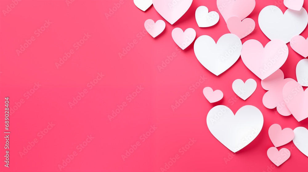 Paper hearts scattered on pink background, Valentine's Day wallpaper, shallow field of view and copy space.
