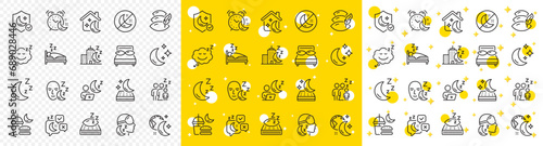Sleeping pillow, Night bed and Insomnia sleeplessness. Sleep line icons. Bedroom rest mattress, Zzz snooze and Pillows with feather icons. Sleeping mask, Alarm clock and Human sleep in bed. Vector