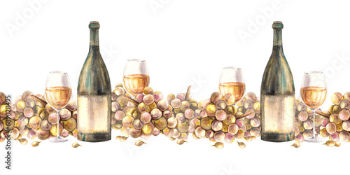 A bottle and glass of white wine with bunch of grapes and grape berries. Seamless border, pattern Watercolour hand drawn illustration. Wine making label, wallpaper, wrapping. Isolated white background photo