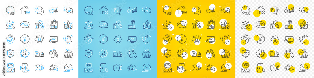 Vector icons set of Yen money, Bitcoin chart and 360 degrees line icons pack for web with Squad, Gears, Filling station outline icon. Report, Time schedule, Employees group pictogram. Vector Vector icons set of Yen money, Bitcoin chart and 360 degrees line icons pack for web with Squad, Gears, Filling station outline icon. Report, Time schedule, Employees group pictogram. Vector