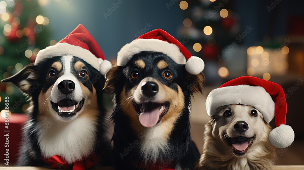 Group of three dogs celebrating christmas with Santa Claus hat portrait looking at camera Group of three dogs celebrating christmas with Santa Claus hat portrait looking at camera