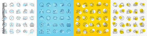 Vector icons set of Yen money, Bitcoin chart and 360 degrees line icons pack for web with Squad, Gears, Filling station outline icon. Report, Time schedule, Employees group pictogram. Vector