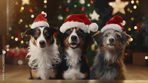 Group of three dogs celebrating christmas with Santa Claus hat portrait looking at camera