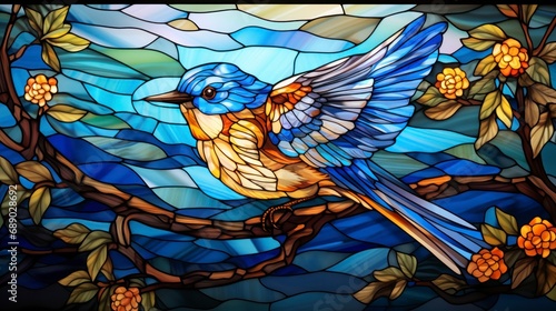 Stained glass window with a wonderful modern bird fly