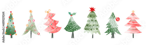 Set of watercolor decorative christmas tree vector illustration. Elements of ornamental balls, decorative light, star, candy cane, holly. Design for card, comic, print, poster, banner, decoration.