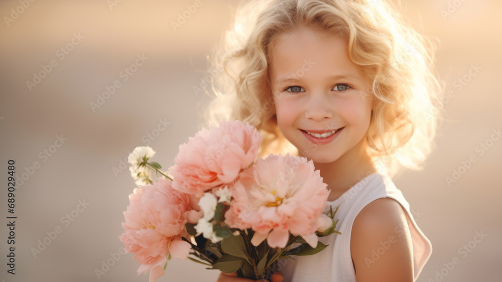 Naklejka premium Little blonde girl wearing white dress holding pink flowers for her mom on sunny summer day. Summer fun for family with kids outdoor.