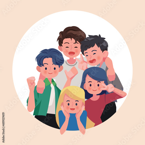 Group of young people posing. Flat style vector illustration isolated
