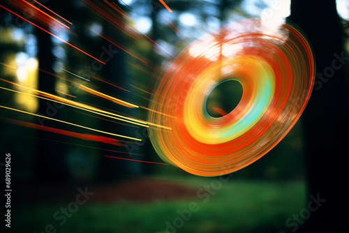 Abstract depiction of a disc golf throw, with bold lines and outdoor colors conveying the flight and precision of the disc.