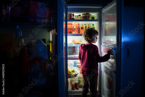 Kid in front of an opened refrigerator full of vibrant food, at night searching for a snack. Ai generated photo