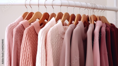 Cozy comfortable pink fashionable wardrobe, knitted cardigans hanging on a hanger
