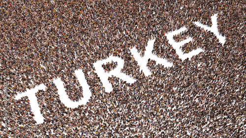 Concept or conceptual large community of people forming the word TURKEY. 3d illustration metaphor for culture, history and education, politics, economy and business, travel and adventure photo
