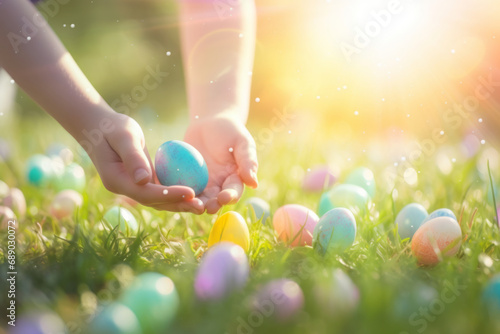 Beautiful pastel colored eggs and flowers in grass meadow on sunny spring day. Child's hand reaching for Easter eggs during Egg Hunt. Easter traditions.