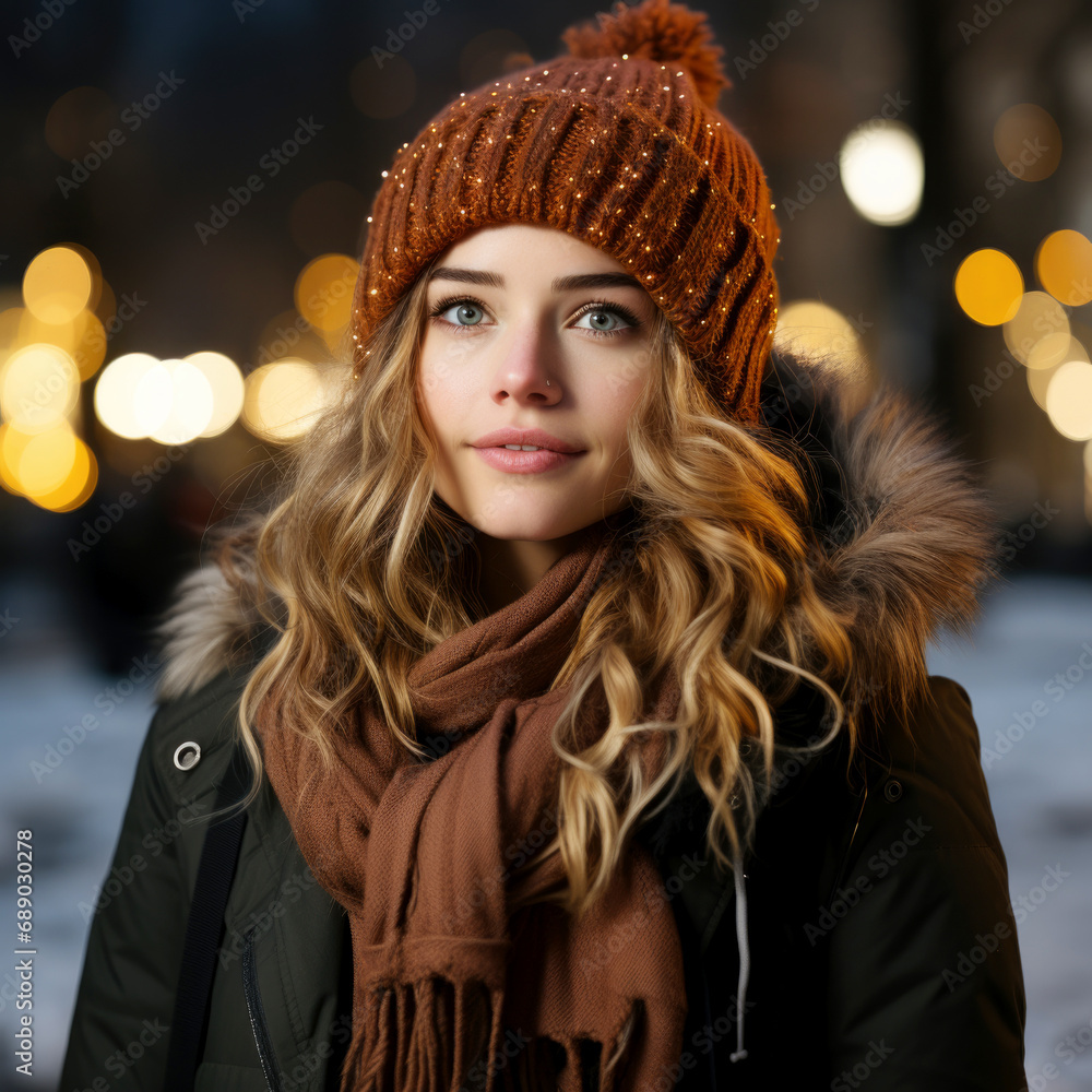 A woman wearing a winter hat and scarf out in the snow looking at Christmas lights A woman wearing a winter hat and scarf out in the snow looking at Christmas lights