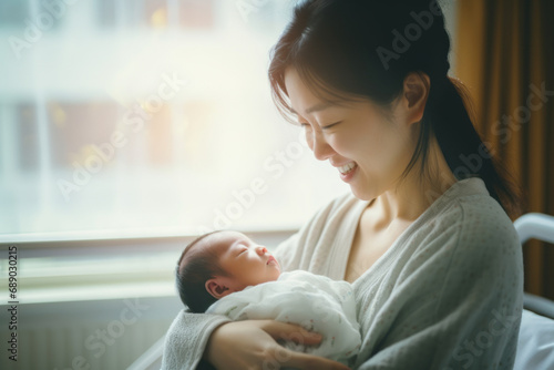 Beautiful young mother holding her newborn in maternity ward after delivery. New mom welcoming her first child into the world. Woman after labor in hospital bed. photo